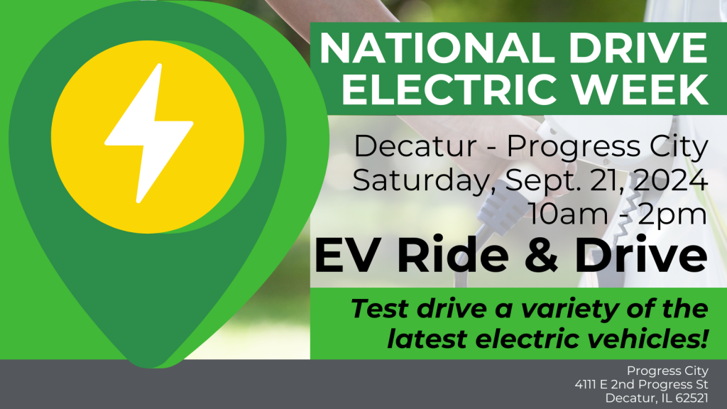 A graphic with details about an event in Decatur on September 21, 2024, from 10am-2pm. Attend a ride and drive event for EVs for National Drive Electric Week.